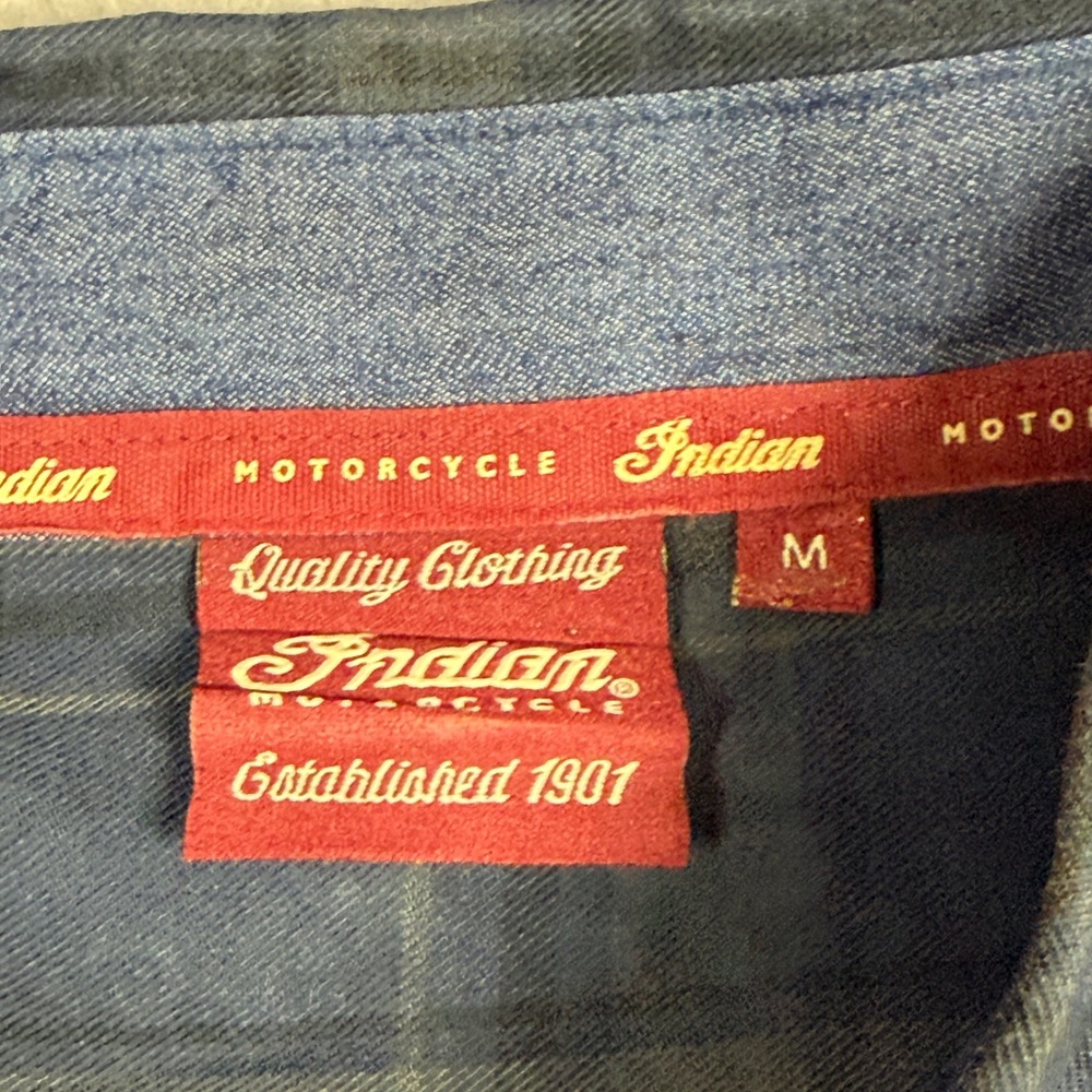 Indian Motorcycle Button Down Shirt Mens Medium Blue Plaid Long Sleeve Moto - Picture 2 of 13